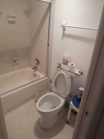 a white toilet sitting next to a bath tub