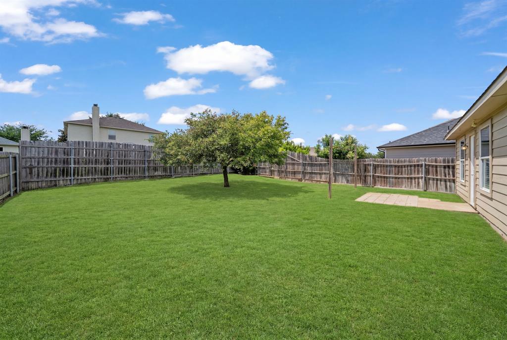 834 Hazel's Way Anna, TX 75409 - Photo 17 of 21 Expansive grassy yard featuring a mature tree, privacy fencing, and a concrete patio area