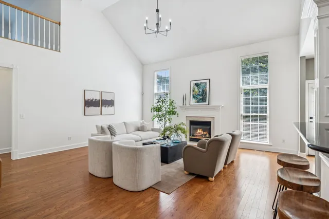 a living room with furniture a fireplace and a potted plant