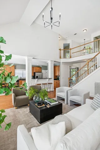 a living room with furniture a potted plant and a fireplace