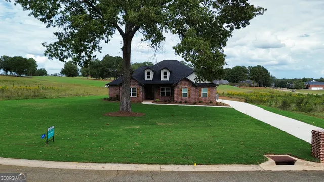 a view of a park with large trees and a pathway