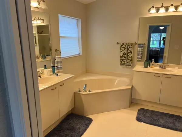 a bathroom with a tub a sink and a mirror