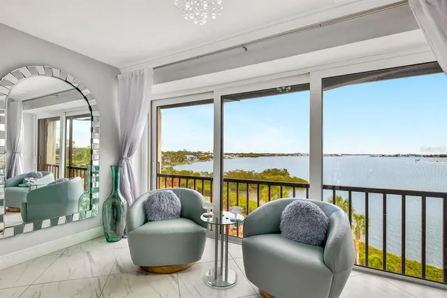 a living room with furniture and a floor to ceiling window