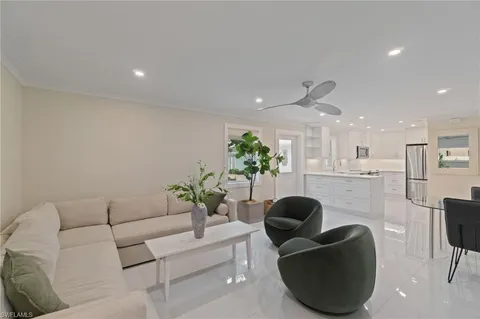 a living room with furniture and a potted plant