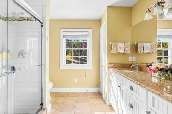 a bathroom with a granite countertop sink a mirror and a shower