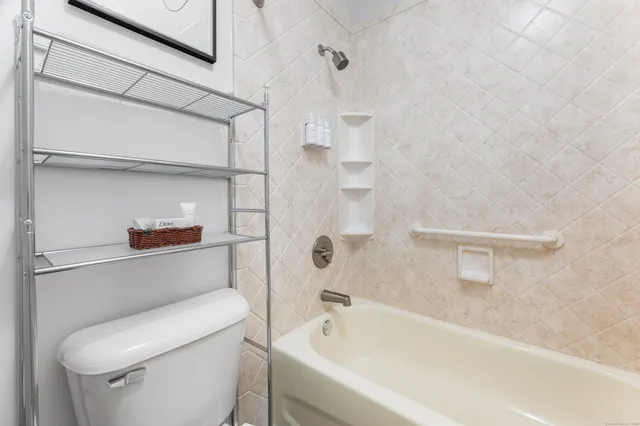 a bathroom with a toilet and a bathtub