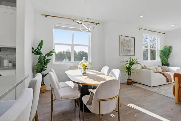 a view of a dining room with furniture and a potted plant
