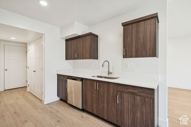 1615 North Angel Street, Unit E Layton, UT 84041 - Photo 14 of 42 Kitchen featuring dark brown cabinets, recessed lighting, light wood-style flooring, modern cabinets, and dishwasher