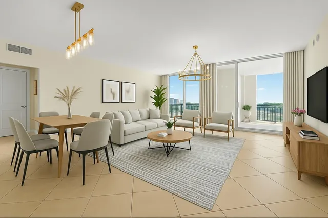 a living room with furniture a flat screen tv and kitchen view