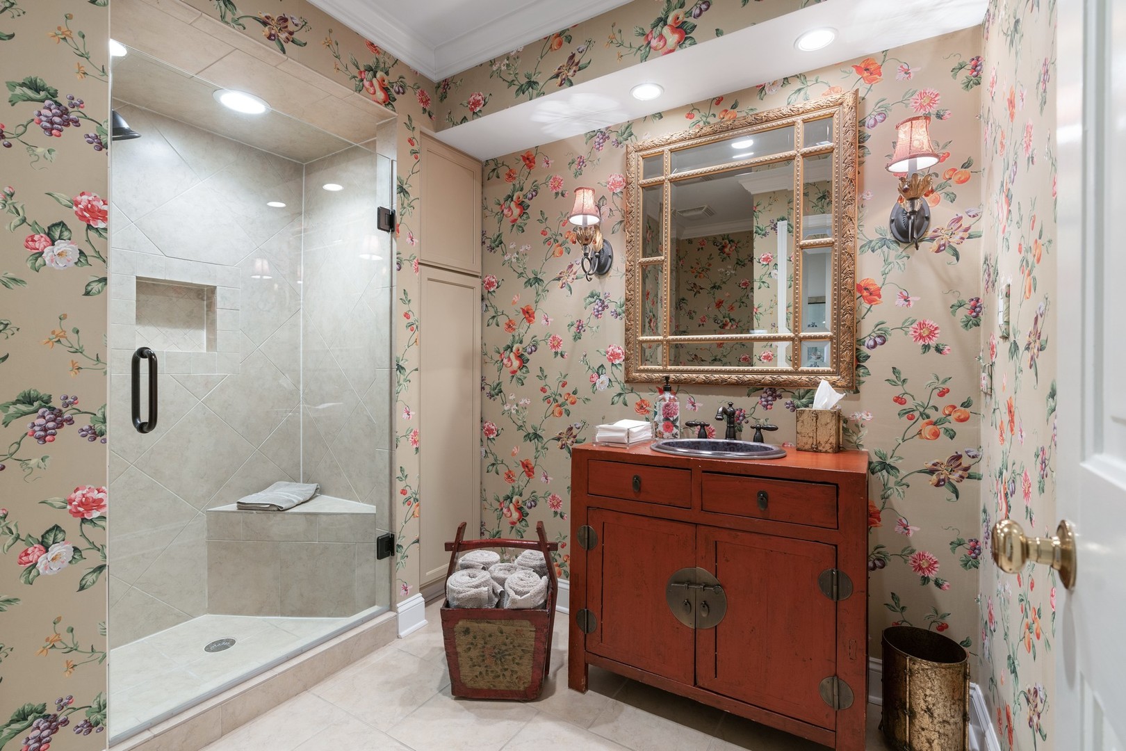 280 Sylvan Road Glencoe, IL 60022 - Photo 28 of 45 a bathroom with a granite countertop sink a shower and a mirror