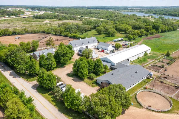an aerial view of a house with a garden