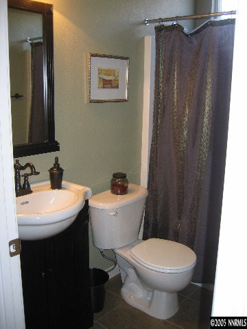 5530 Daybreak Drive Reno, NV 89523 - Photo 6 of 9 a bathroom with a sink a toilet a mirror and shower curtain