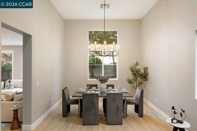 a view of a dining room with furniture window and outside view