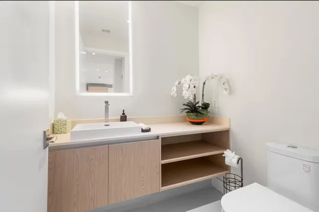 a bathroom with a sink toilet and mirror