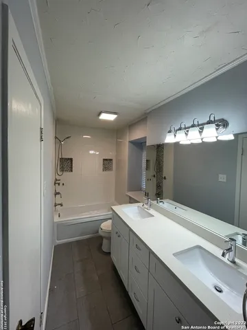 a bathroom with a double vanity sink a toilet and a bathtub