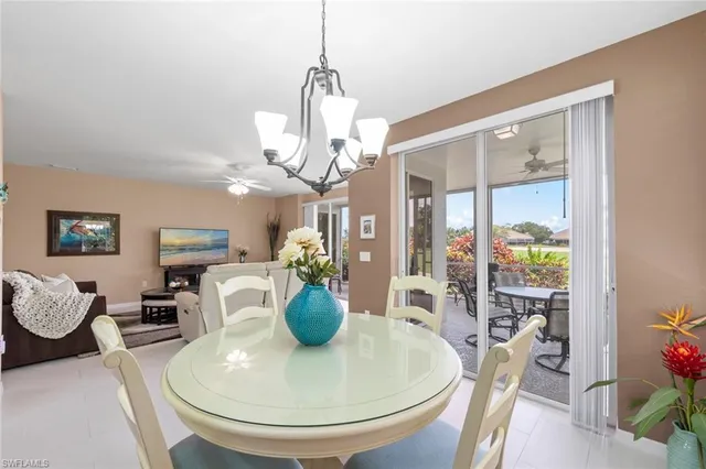 a view of a dining room with furniture a chandelier and wooden floor