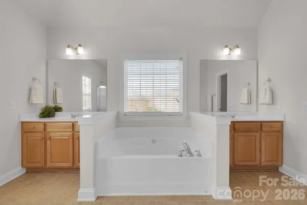 a bathroom with a tub sink and window
