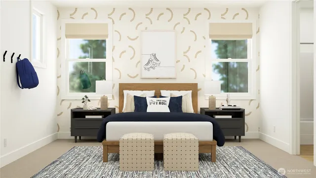 a bedroom with a bed lamp and a potted plant