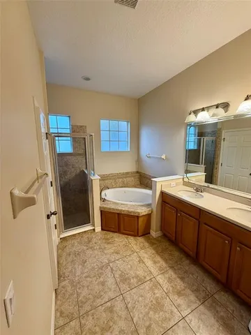 a bathroom with a tub sink and mirror