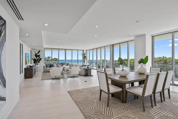 a view of a dining room with furniture