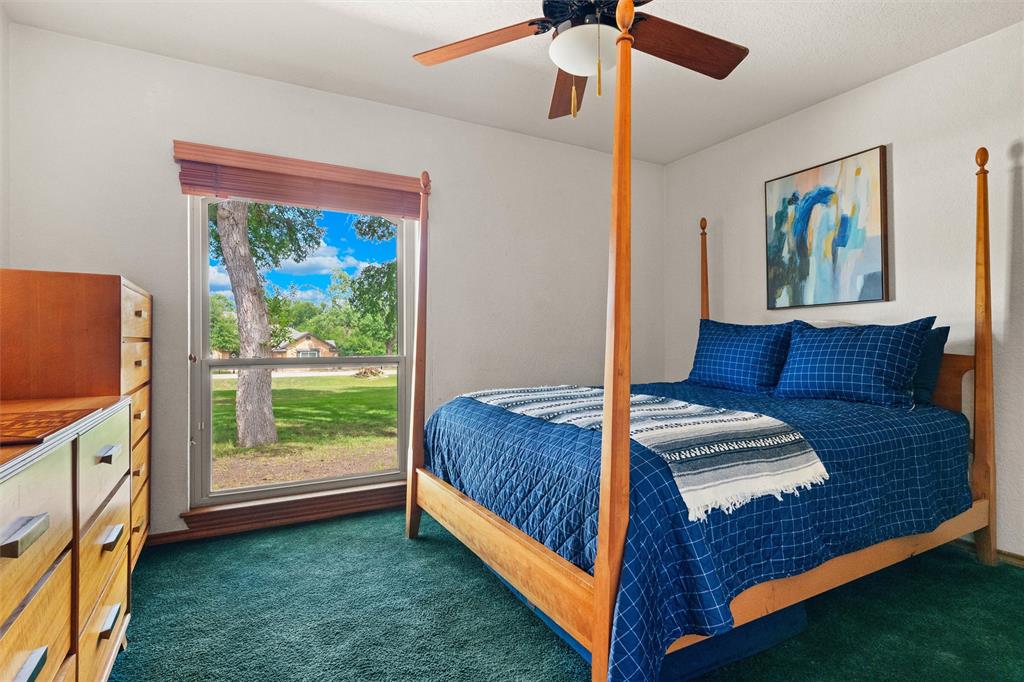 217 Valley Ranch Road Weatherford, TX 76087 - Photo 26 of 38 Bedroom featuring a window with exterior landscape, a ceiling fan with integrated lighting, and wall-to-wall carpeting