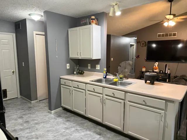 a kitchen with a sink and cabinets