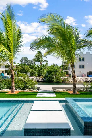 a aerial view of a house with swimming pool garden and lake view