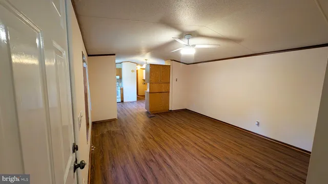 a view of empty room with wooden floor