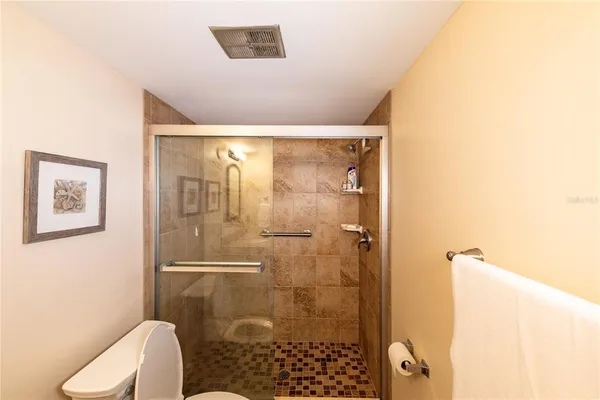 a bathroom with a shower and toilet