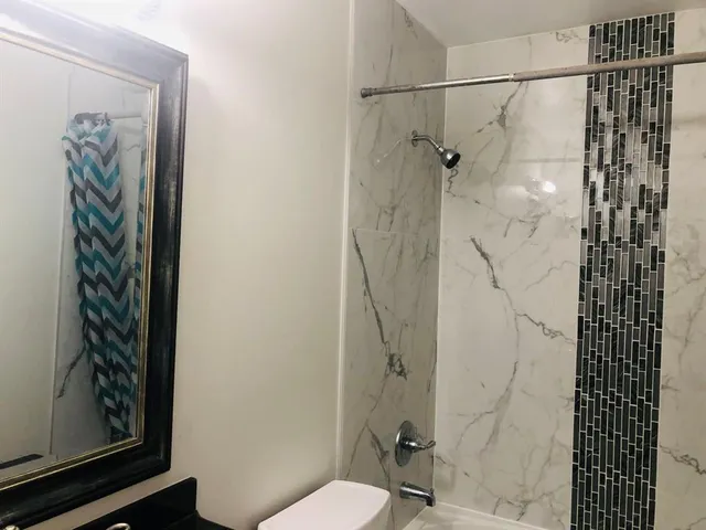 a bathroom with a shower and a toilet