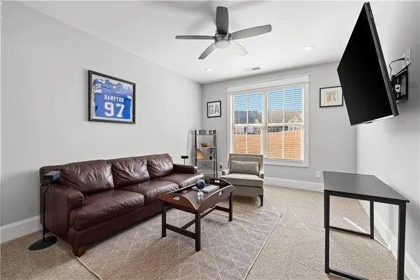a view of a dining room with furniture window and outside view