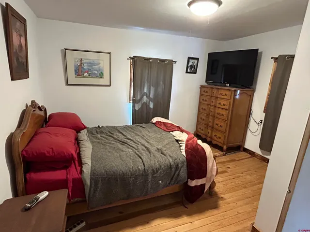 a bedroom with a bed and a television