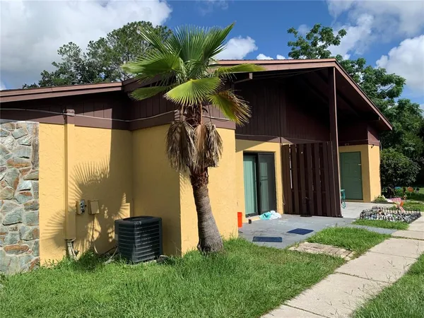 a view of a house with a small yard plants and a large tree