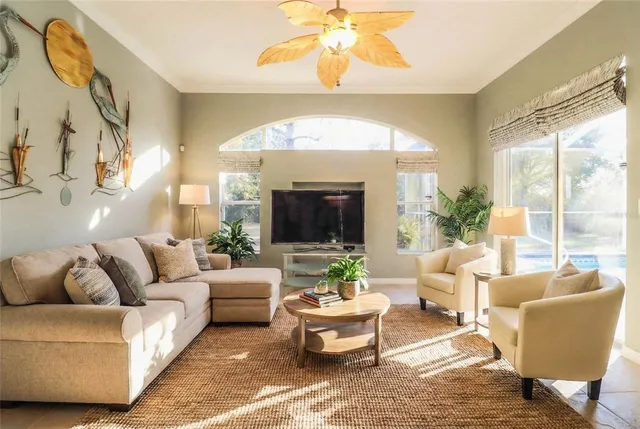 a view of a hallway with wooden shelves