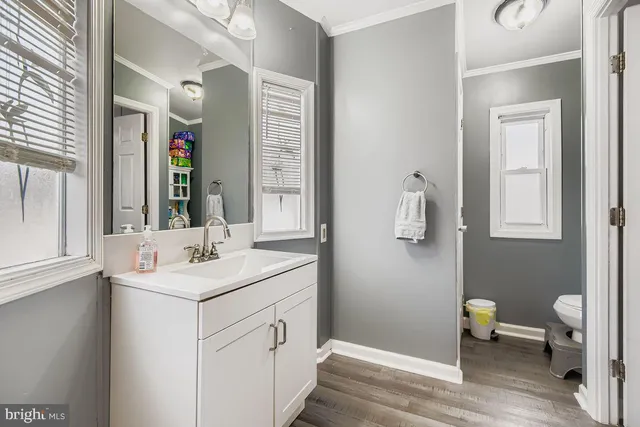 a bathroom with a sink vanity and a mirror