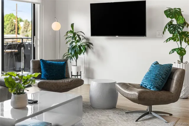a living room with furniture and a potted plant