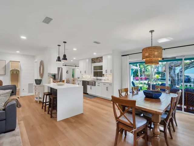 a dining room with kitchen island stainless steel appliances furniture a dining table and chairs