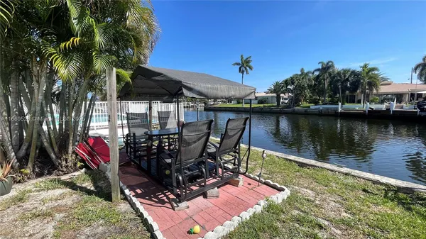 a view of a lake with a yard