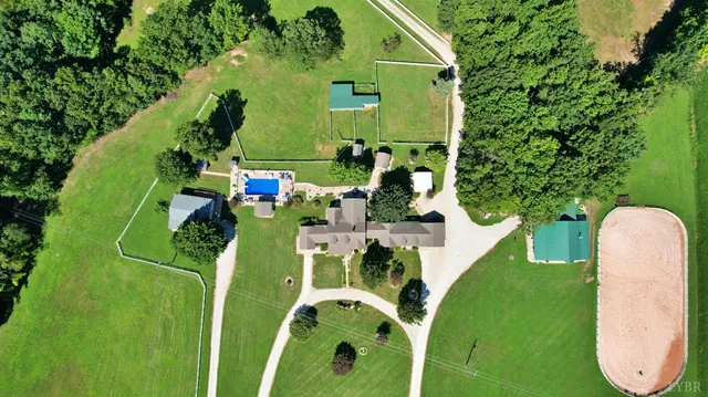 an aerial view of a swimming pool