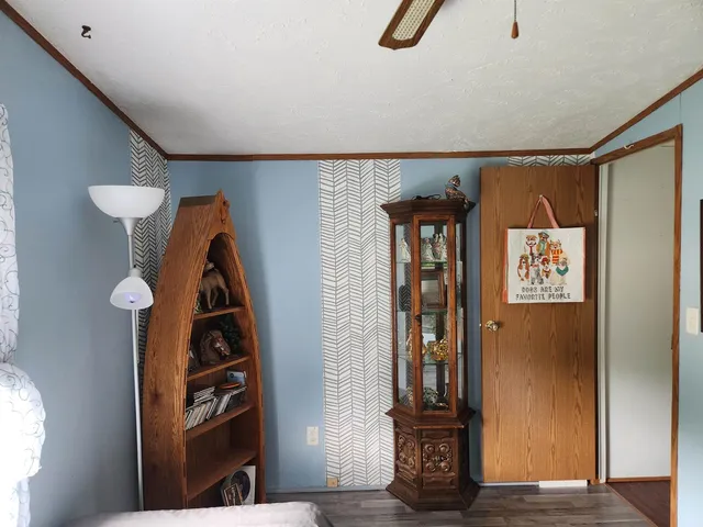 a view of a hallway with wooden floor and windows