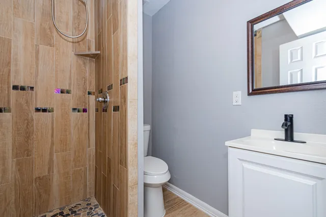 a bathroom with a sink a toilet and shower