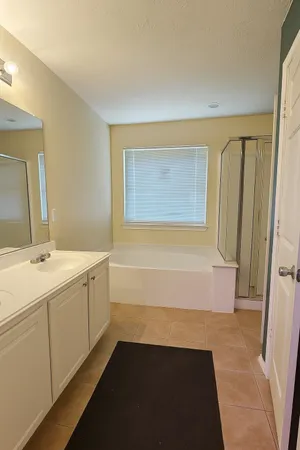 a bathroom with a bathtub sink and mirror