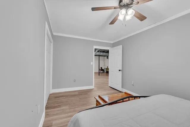 a bedroom with a bed and a chandelier fan