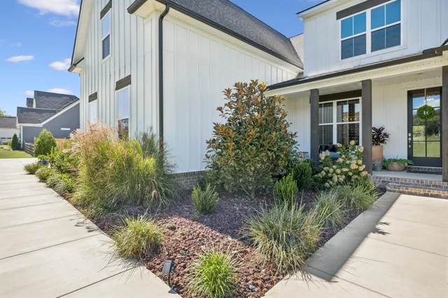 a view of a pathway with flower pots