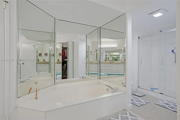 a bathroom with a bathtub and a shower