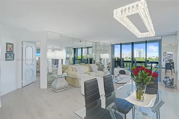 a view of a dining room with furniture window and outside view