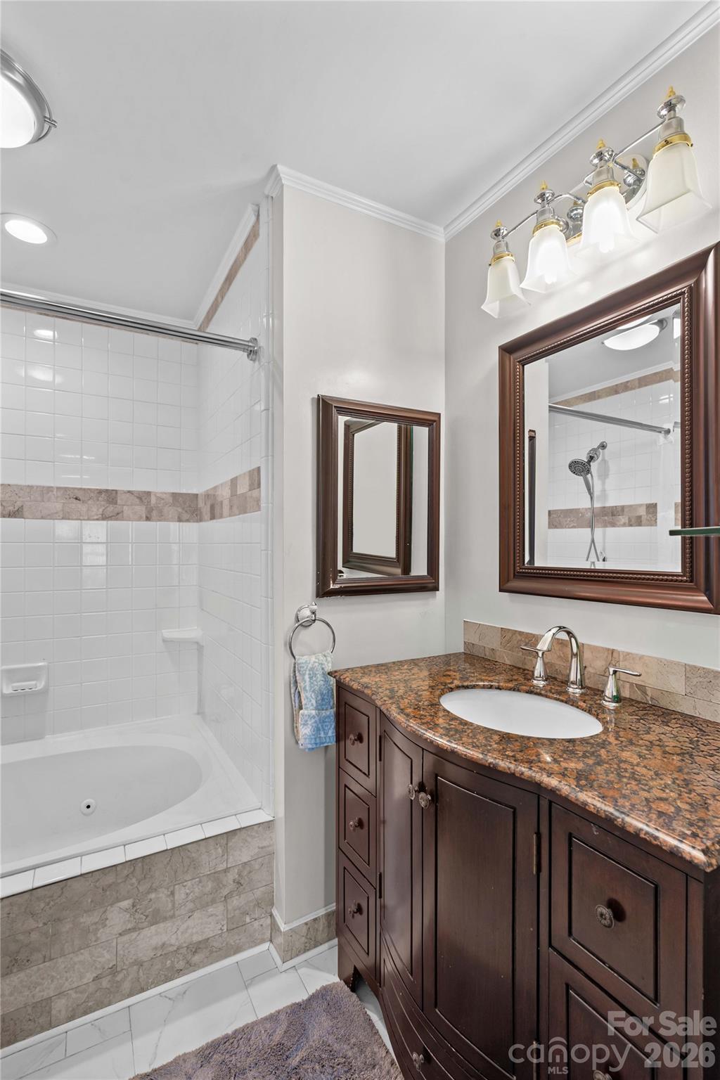 18797 Vineyard Point Lane Cornelius, NC 28031 - Photo 26 of 36 a bathroom with a granite countertop sink mirror and bathtub