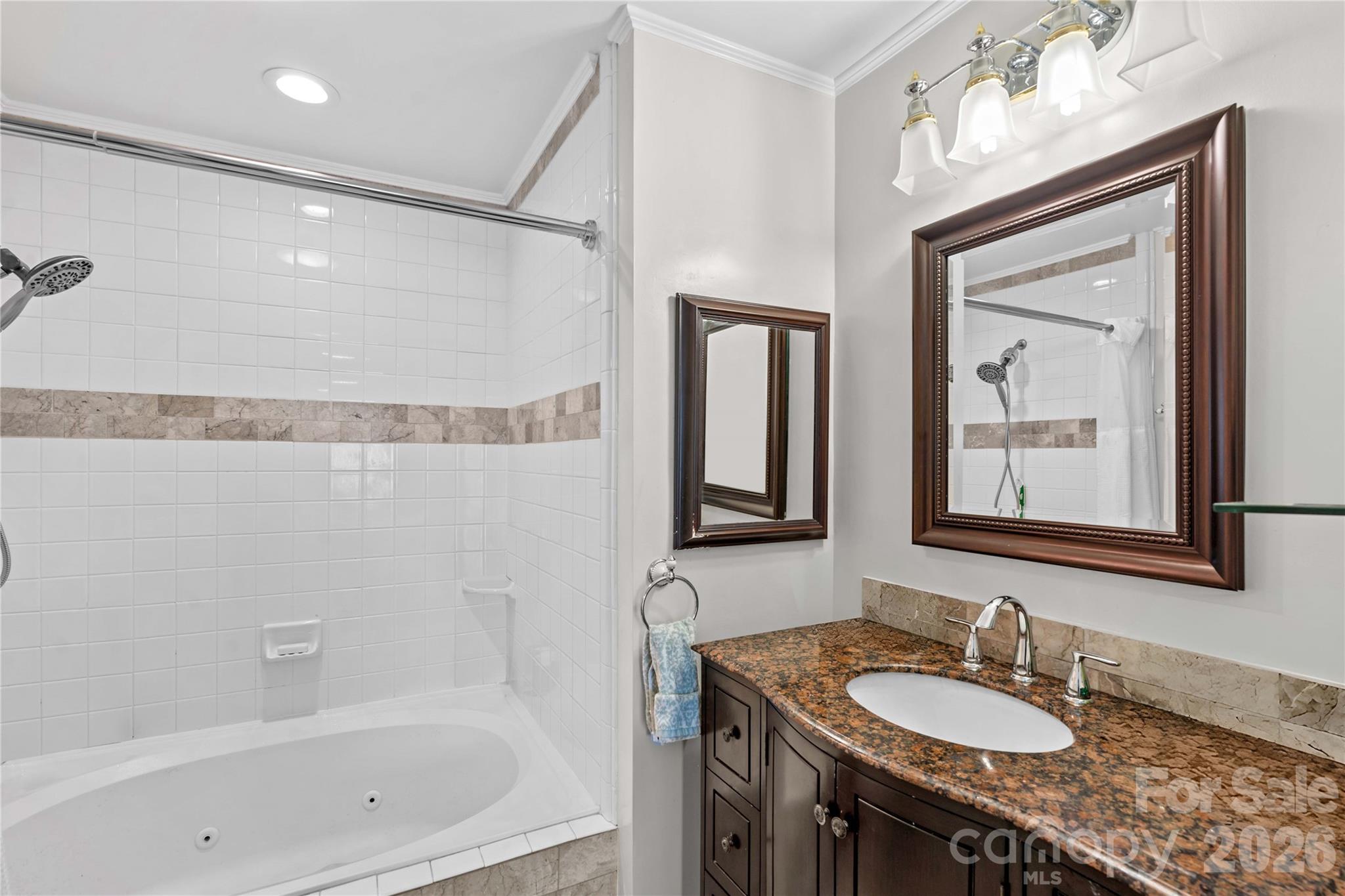 18797 Vineyard Point Lane Cornelius, NC 28031 - Photo 28 of 36 a bathroom with a granite countertop sink a mirror a shower and a bath tub