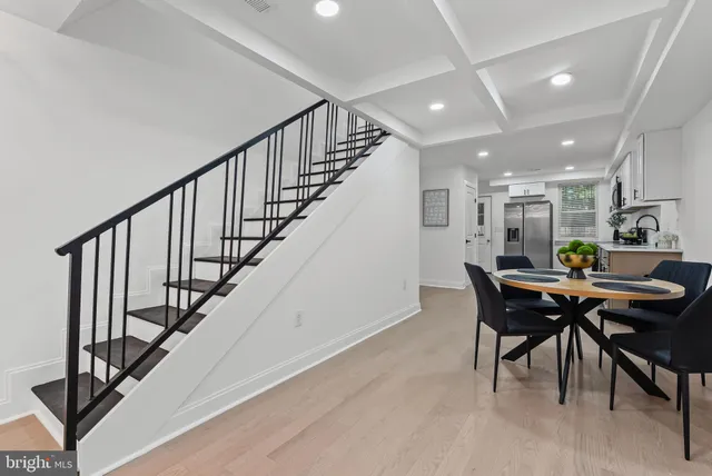 a view of a dining room with furniture