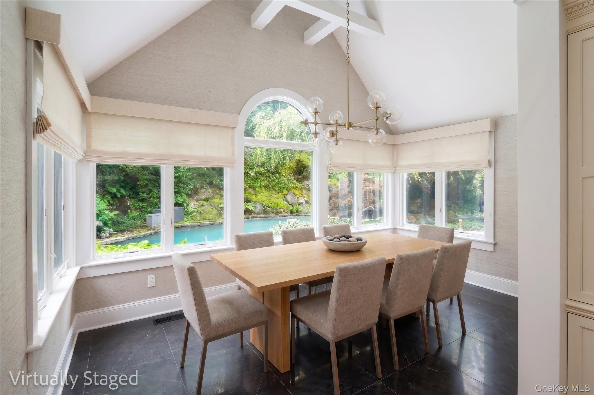 55 Old Logging Road Pound Ridge, NY 10506 - Photo 13 of 37 Virtually stage for inspiration. View of solarium vaulted ceiling and beams and view of pool.